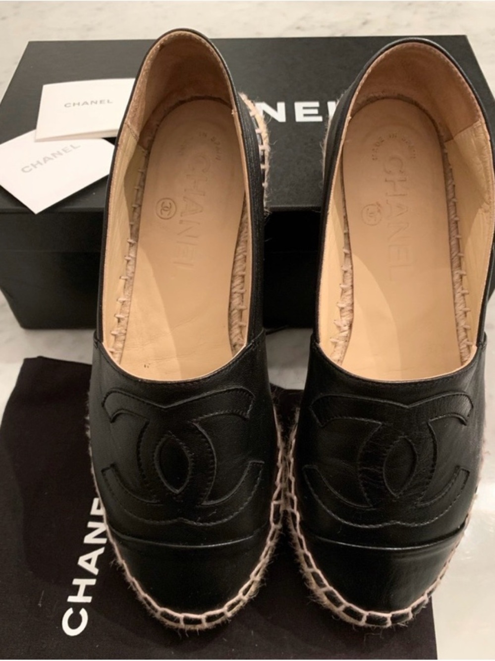 CHANEL Black Leather Espadrille Slip-Ons with CC Logo